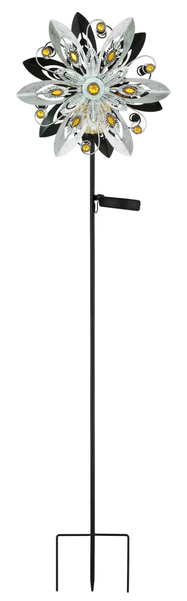Wind Sølv solcellelampe Fra Globo Lighting - De dekorativa bladen roterar med vinden och skapar en vacker r&ouml;relse, medan den inbyggda solcellsbelysningen lyser upp i m&ouml;rkret f&ouml;r en magisk effekt.