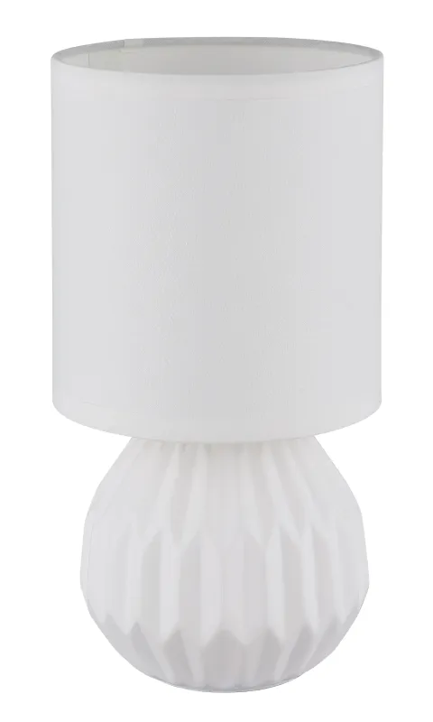 Sylas 23cm Hvit bordlampe Fra Globo Lighting - Den rundade keramiska basen i elegant vitt och den matchande cylindriska textilsk&auml;rmen skapar en harmonisk och modern estetik.