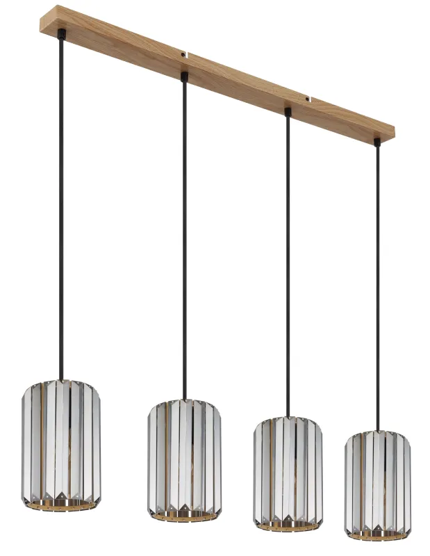 Run 88cm Røykfarget Taklampe Fra Globo Lighting - Kombinationen av metall i tr&auml;utseende och de fyra sk&auml;rmarna med r&ouml;kf&auml;rgade K5-kristaller ger en harmonisk ljusspridning och en sofistikerad k&auml;nsla.