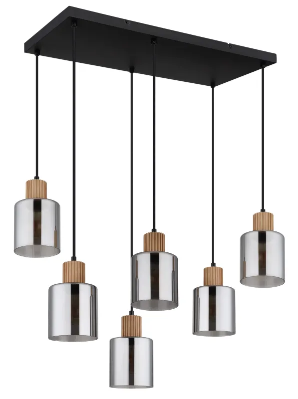 Aleidis 67cm Røykfarget Taklampe Fra Globo Lighting - Sex dekorativa glaskupor med tr&auml;detaljer h&auml;nger fr&aring;n en mattsvart metallstomme, vilket skapar en harmonisk balans mellan modern och rustik estetik.