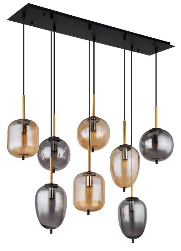 Blacky 102cm Rav Taklampe Fra Globo Lighting - De &aring;tta r&ouml;k- och amberf&auml;rgade glasgloberna i olika former h&auml;nger fr&aring;n en svart, rektangul&auml;r takplatta och kan justeras upp till 120 cm fr&aring;n taket.