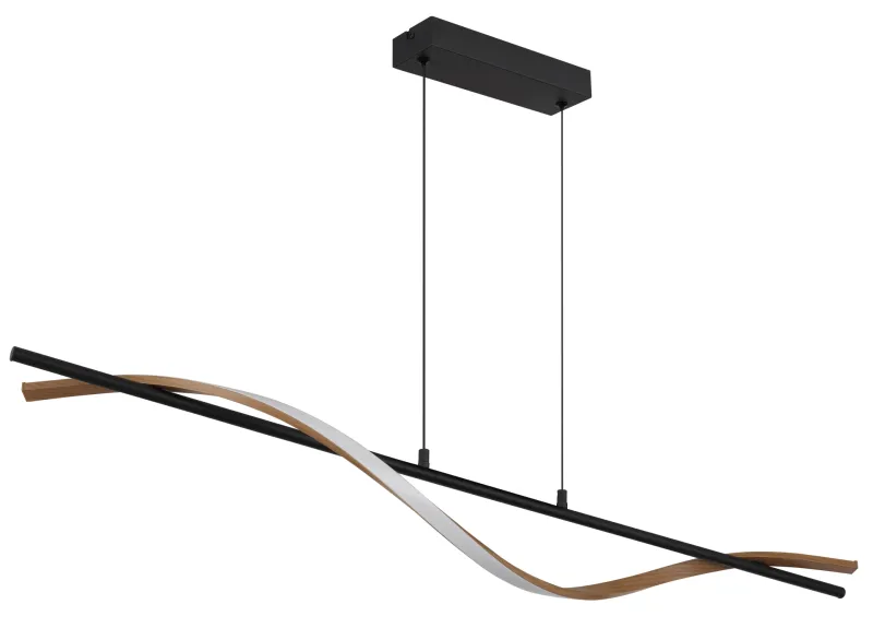 Watkins 115cm Svart Taklampe Fra Globo Lighting - Den raka st&aring;ngen i mattsvart metall utstr&aring;lar enkel elegans, medan aluminium med m&ouml;rk tr&auml;look och den opalf&auml;rgade plastsk&auml;rmen skapar en harmonisk kontrast.