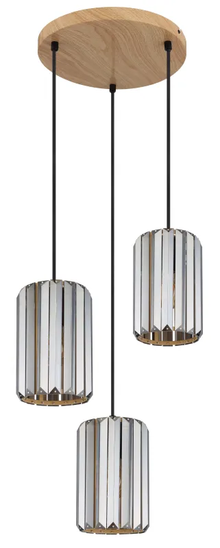 Run Ø35 Røykfarget Taklampe Fra Globo Lighting - Kombinationen av metall i tr&auml;utseende och de tre sk&auml;rmarna med r&ouml;kf&auml;rgade K5-kristaller ger en harmonisk ljusspridning och en sofistikerad k&auml;nsla.