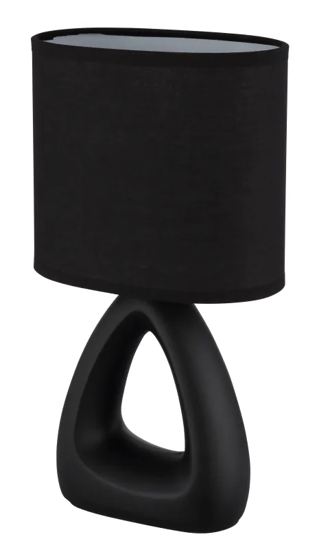 Triangle 30cm Svart bordlampe Fra Globo Lighting - Den triangelformade basen med ett stilrent utskuret h&aring;l ger ett modernt intryck, medan den ovala textilsk&auml;rmen i svart f&auml;rg sprider ett behagligt och j&auml;mnt ljus.