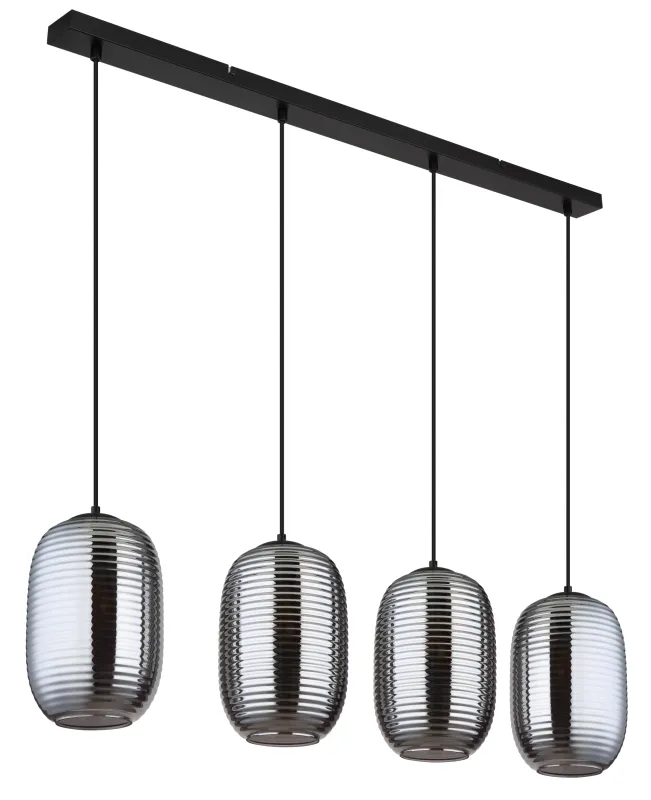 Jefrey 110cm Røykfarget Taklampe Fra Globo Lighting - Denna eleganta taklampa har en avl&aring;ng form och &auml;r utrustad med fyra rundade kupor i r&ouml;kf&auml;rgat glas.