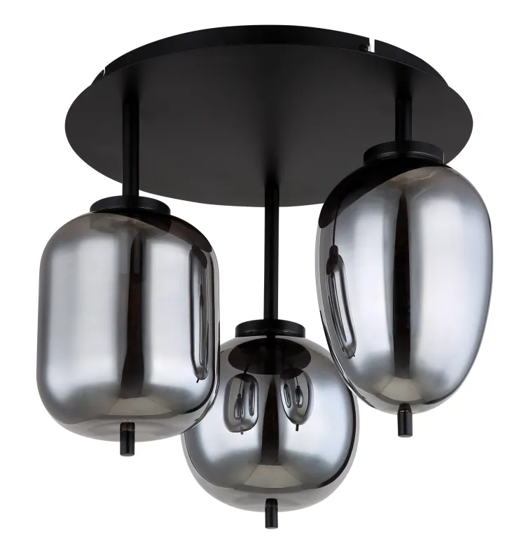 Blacky Ø46 Svart plafond Fra Globo Lighting - Lampan &auml;r utrustad med 3st r&ouml;kf&auml;rgade glaskupor i olika former, som h&auml;nger fr&aring;n taket p&aring; mattsvarta st&auml;nger f&auml;sta vid en matchande bas.