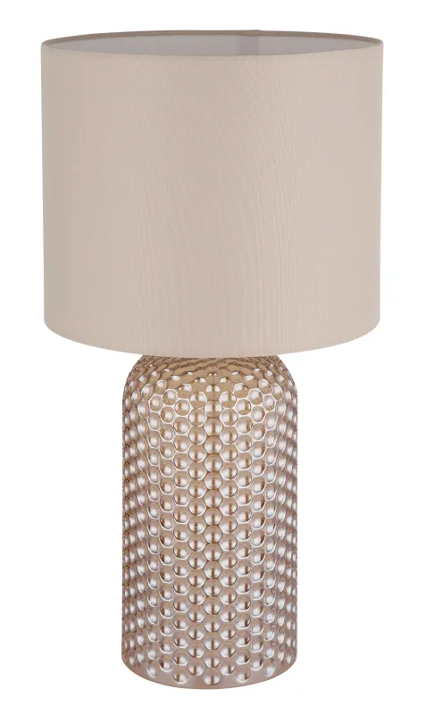 Sofia 50cm Champagne bordlampe Fra Globo Lighting - Bordslampan Sofia imponerar med sin eleganta kombination av en texturerad glaskropp och en cylindrisk textilsk&auml;rm i lyxig champagneton.