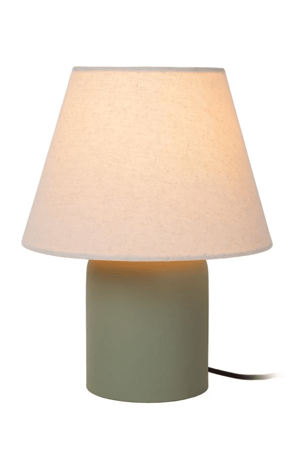 Macia 27cm Grønn bordlampe Fra Lucide - Den keramiske lampefoten har en jordgr&aring; farge som i kombinasjon med den heklede linskjermen skaper en koselig atmosf&aelig;re i hjemmet.