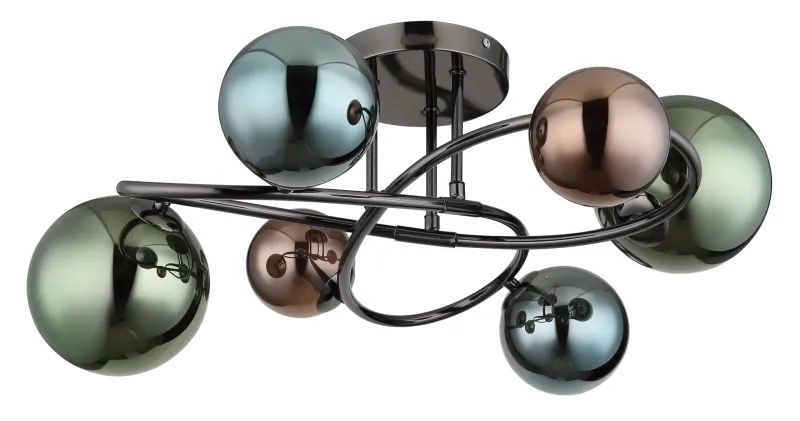 Riha Ø65 Flerfarget plafond Fra Globo Lighting - De olika glaskulorna i brons, gr&ouml;nt och petrol ger lampan en dynamisk och lekfull karakt&auml;r samtidigt som de skapar en visuellt intressant ljusbild.