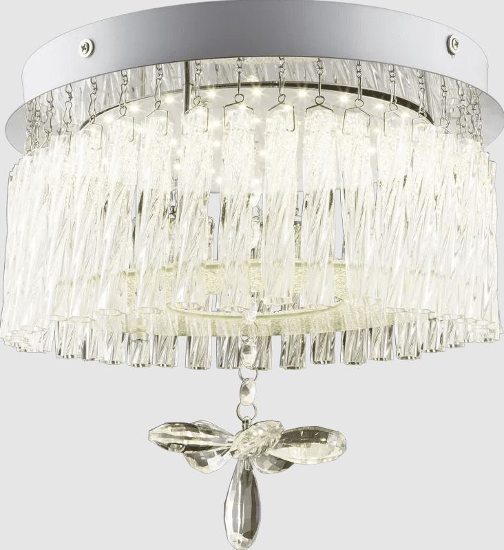 Mathilda Ø28 Krom krystall Fra Globo Lighting - Det runde designet kombinerer en kromfarget base med hengende glassstenger og en stor blomsterformet krystall som blir rommets blikkfang.