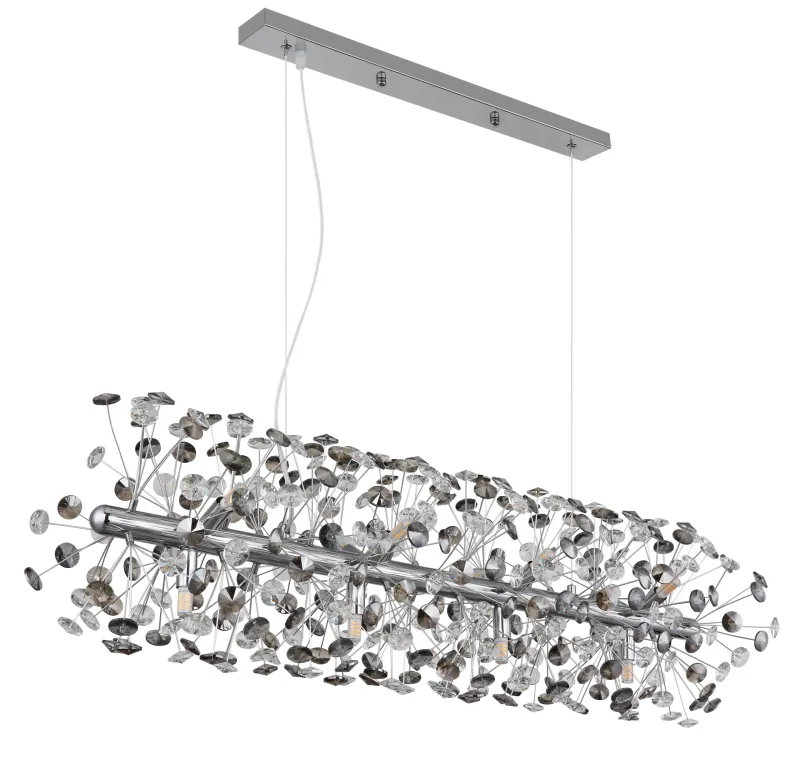 Katrina 90cm Røykfarget krystall Fra Globo Lighting - Katrina er en elegant rektangulær krystalllysekrone i kromfarget metall med glitrende K9-krystaller som skaper en sofistikert og luksuriøs atmosfære i hjemmet ditt.