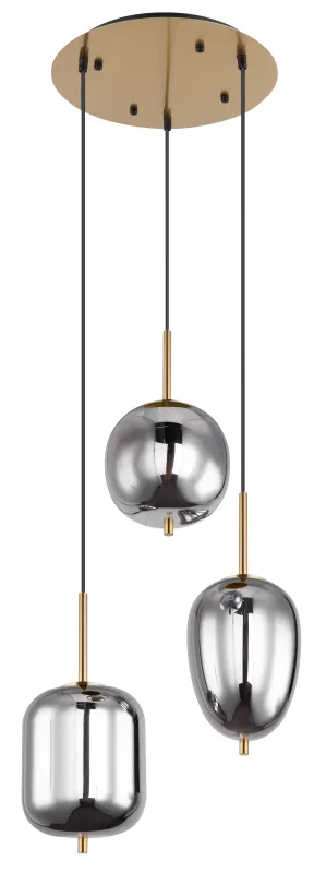 Blacky Ø46 Messing Taklampe Fra Globo Lighting - Den best&aring;r av en rund m&auml;ssingsf&auml;rgad metallplatta, fr&aring;n vilken tre svarta kablar med r&ouml;kf&auml;rgade glasglober i olika former h&auml;nger.