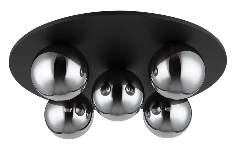Riha Ø50 Røykfarget plafond Fra Globo Lighting - Den mattsvarta metallen i kombination med 5st r&ouml;kf&auml;rgade glas ger ett sofistikerat uttryck och passar perfekt in i olika inredningsstilar.