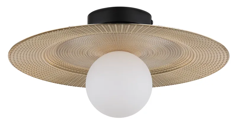 Riga Ø33 Gull plafond Fra Globo Lighting - Lampan &auml;r tillverkad av mattsvart metall och den platta sk&auml;rmen i plast med nyanser av svart, guld och opal ger den en modern och sofistikerad design.