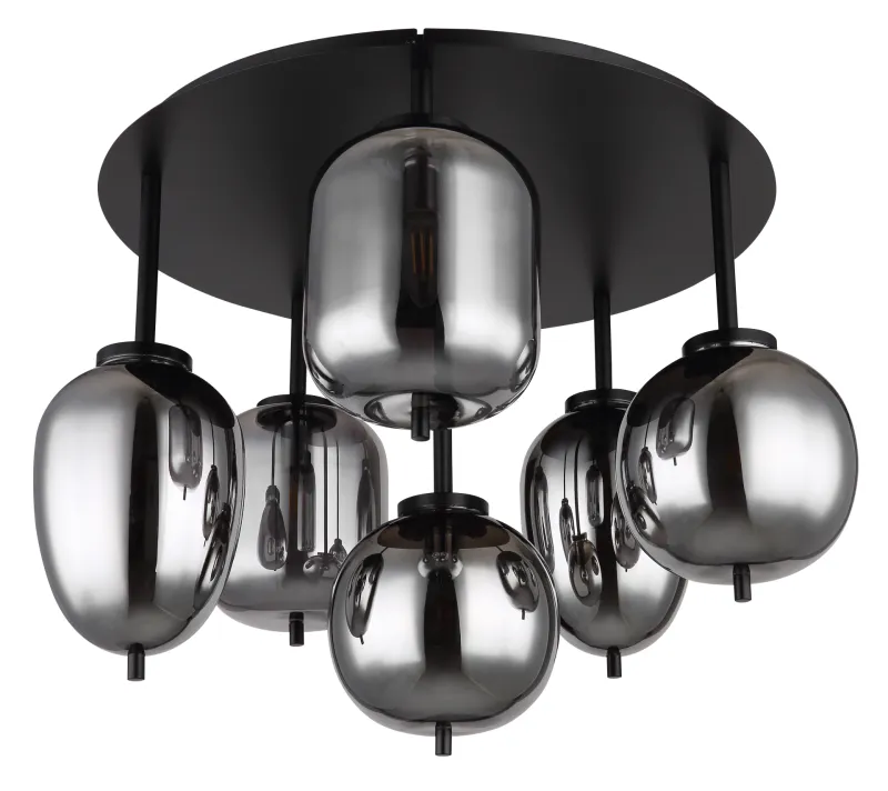 Blacky Ø63 Svart plafond Fra Globo Lighting - Lampan &auml;r utrustad med 6st r&ouml;kf&auml;rgade glaskupor i olika former, som h&auml;nger fr&aring;n taket p&aring; mattsvarta st&auml;nger f&auml;sta vid en matchande bas.