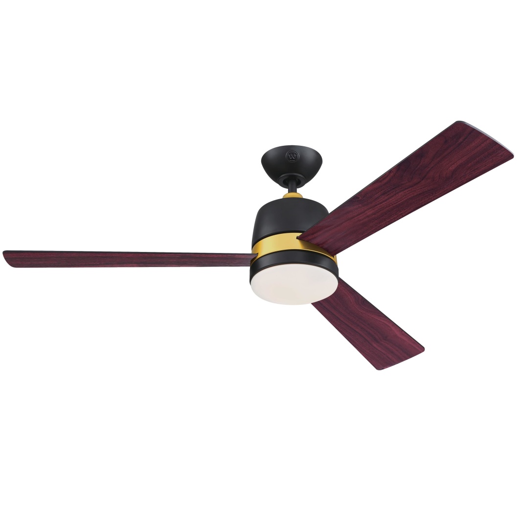 Tristan Ø132 Svart Fra Westinghouse - Tristan takvifte, med dimbar belysning, likestrømsmotor og fjernkontroll, har en elegant tofarget design med en matt svart finish og gullaksenter.