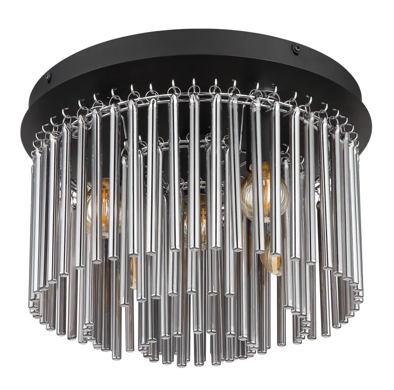 Gorley Ø32 Røykfarget plafond Fra Globo Lighting - Dess design imponerar med en stilfull kombination av mattsvart metall, gl&auml;nsande krom och r&ouml;kf&auml;rgade glasstavar.