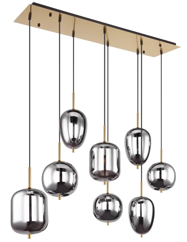 Blacky 102cm Messing Taklampe Fra Globo Lighting - Den 102,5 cm l&aring;nga pendellampan har en rektangul&auml;r m&auml;ssingsf&auml;rgad metallplatta, fr&aring;n denna h&auml;nger &aring;tta svarta kablar med runda, r&ouml;kf&auml;rgade glasglober i olika former.