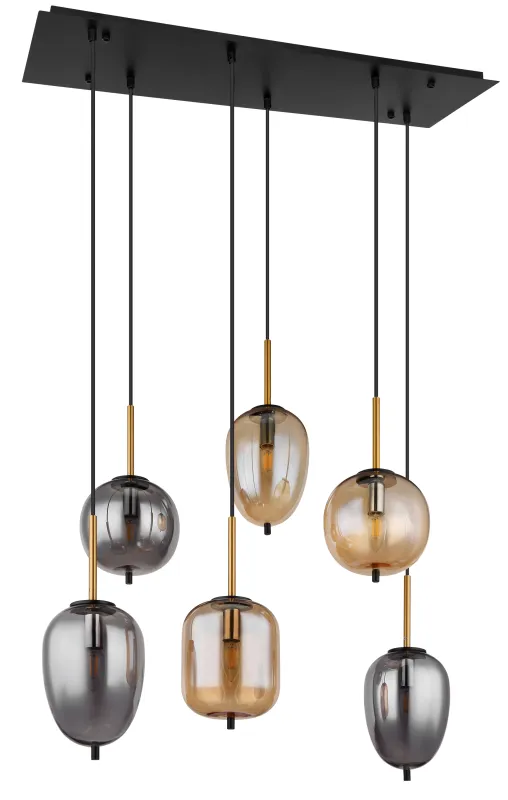 Blacky 80cm Rav Taklampe Fra Globo Lighting - De sex r&ouml;k- och amberf&auml;rgade glasgloberna i olika former h&auml;nger fr&aring;n en svart, rektangul&auml;r takplatta och kan justeras upp till 120 cm fr&aring;n taket.