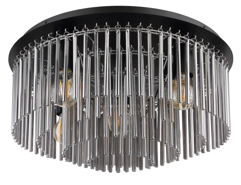 Gorley Ø50 Røykfarget plafond Fra Globo Lighting - Dess design imponerar med en stilfull kombination av mattsvart metall, gl&auml;nsande krom och r&ouml;kf&auml;rgade glasstavar.