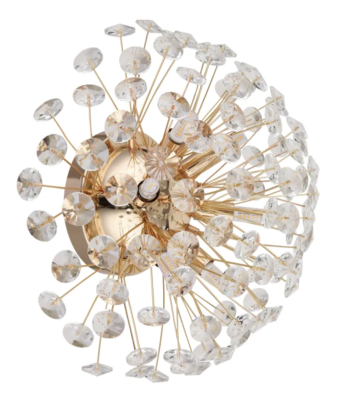 Katrina Ø40 Gull vegglampe Fra Globo Lighting - Den runda stommen i guldf&auml;rgad metall och den halvsf&auml;riska sk&auml;rmen i klara K9-kristaller skapar en lyxig och inbjudande atmosf&auml;r.