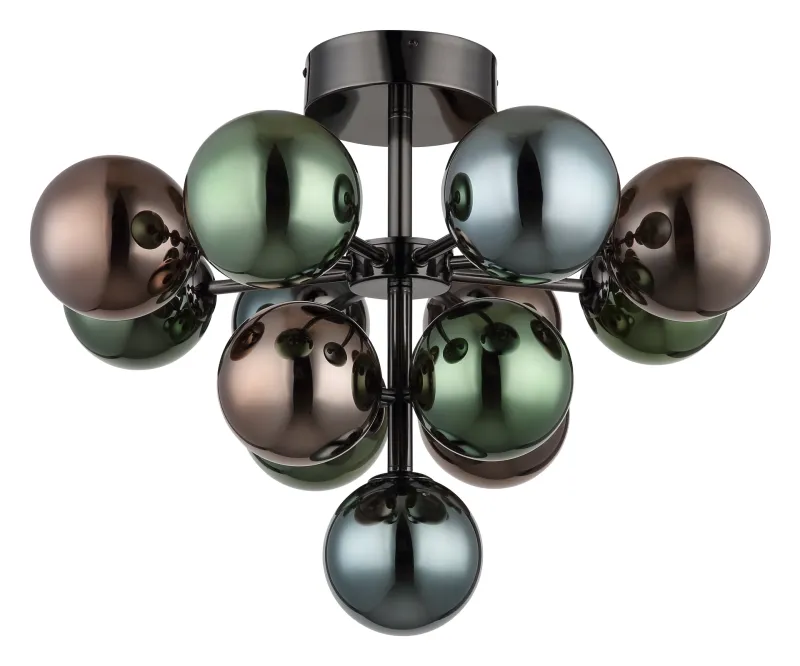 Grappy Ø56 Flerfarget plafond Fra Globo Lighting - Den svarta, kromade metallstommen ger en modern touch, medan lampsk&auml;rmen pryds av en harmonisk blandning av brons-, gr&ouml;na och petrolf&auml;rgade glasklot.