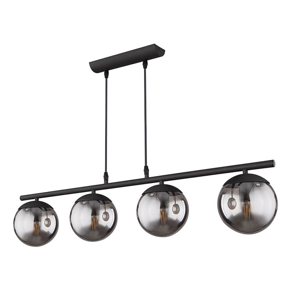 Blama 90cm Røykfarget Taklampe Fra Globo Lighting - Den har fire skjermer i r&oslash;ykfarget glass som henger fra en rett bjelke.