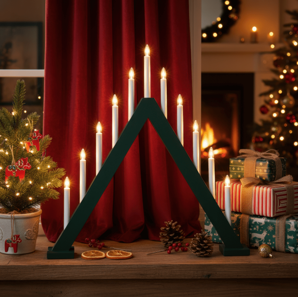 Nova 11 Mørkegrønn Fra Pixie Design - Nova er en klassisk trelysestake med elleve lys og en vakker m&oslash;rkegr&oslash;nn farge som minner om tradisjonell julefeiring.