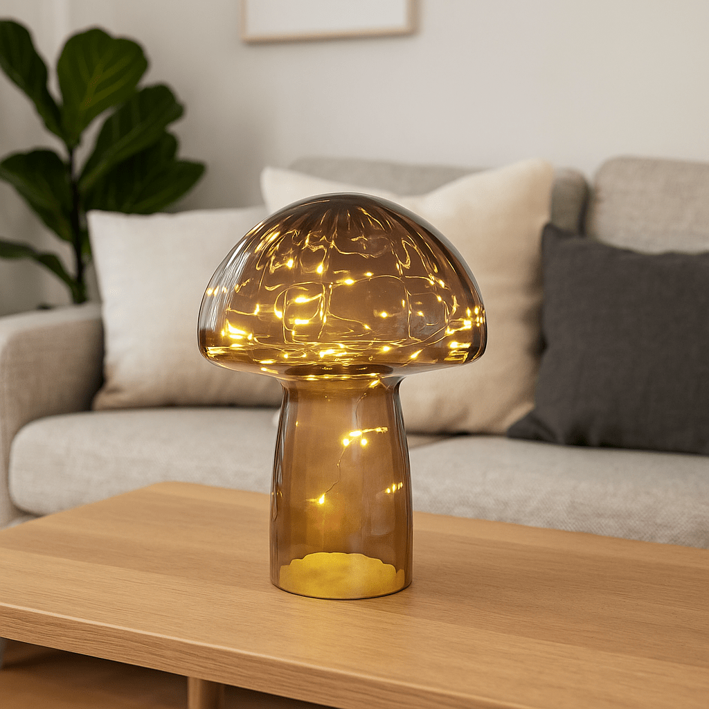 Mushroom 23cm Rødbrun bordlampe Fra Pixie Design - Den er utstyrt med timer og en praktisk 5-trinns dimmer for &aring; justere lyset etter behov, noe som gj&oslash;r den perfekt for b&aring;de arbeidsbelysning og koselig kveldsbelysning.