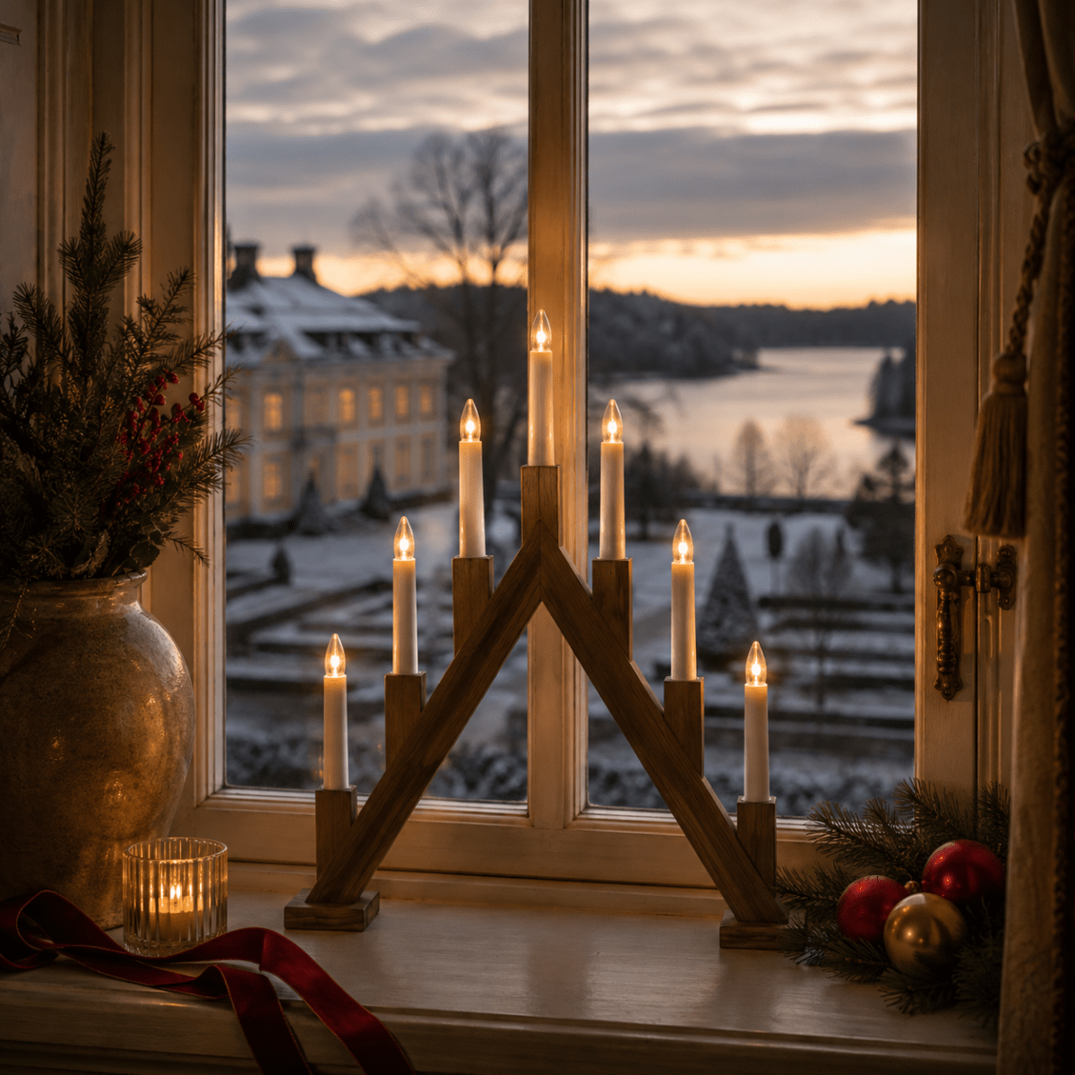 Ellen Brun flekk Fra Pixie Design - Den spisse formen og de syv lysene i forskjellige h&oslash;yder skaper en tradisjonell silhuett som passer fint i advent og jul.