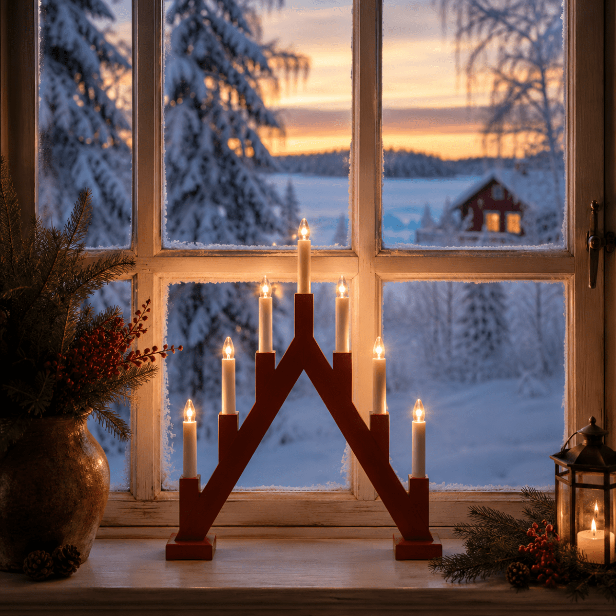 Ellen RØD Fra Pixie Design - Ellen er en klassisk trelysestake med m&oslash;rkebrun finish og en dekorativ, spiss form som minner om tradisjonelle adventslysestaker.
