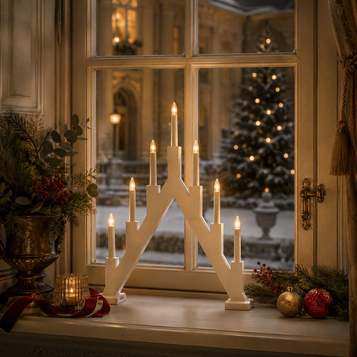 Ellen Hvit Fra Pixie Design - Ellen er en klassisk trelysestake med hvit finish og en dekorativ, spiss form som minner om tradisjonelle adventslysestaker.