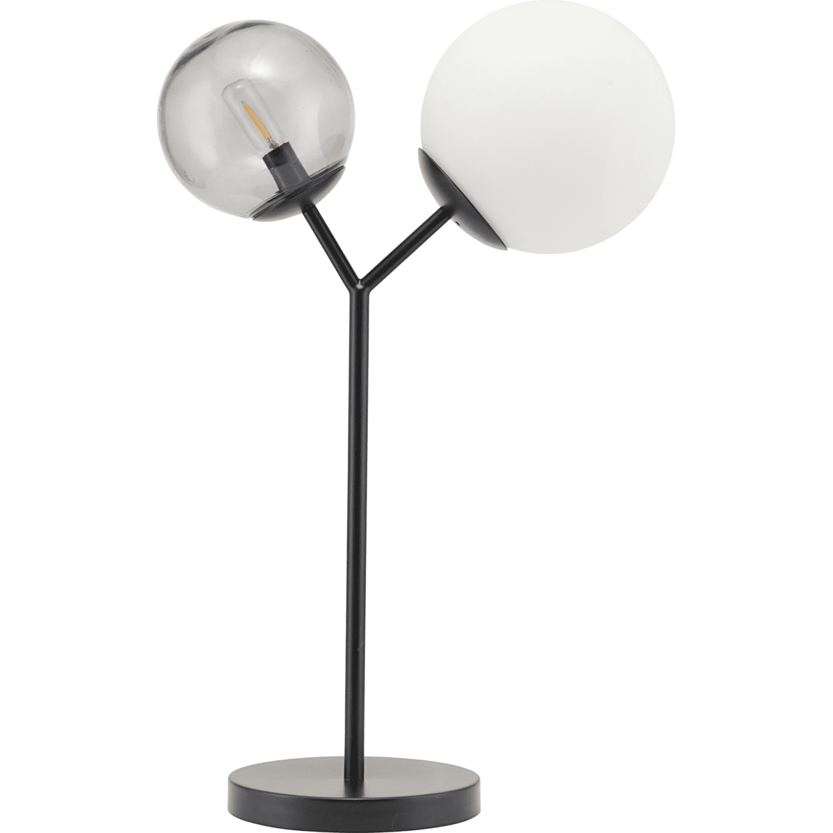 Twice 62cm Svart bordlampe Fra House Doctor - Som navnet tilsier har lampen tv&aring; kuler - en i r&oslash;ykgr&aring; glass og en i hvitt glass.