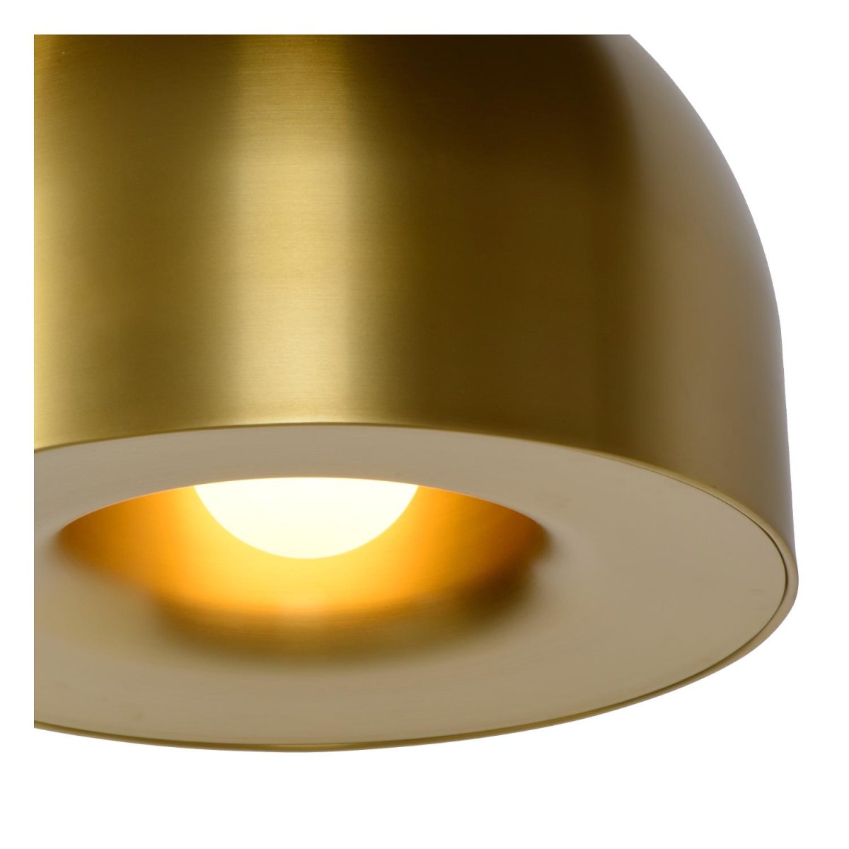 Akron Ø50 Matt gull/messing Taklampe Fra Lucide - Laget av h&oslash;ykvalitets metall med en halvsirkul&aelig;r nyanse i en moderne finish, kombinerer Akron et stilig design med en subtil klassisk sjarm.