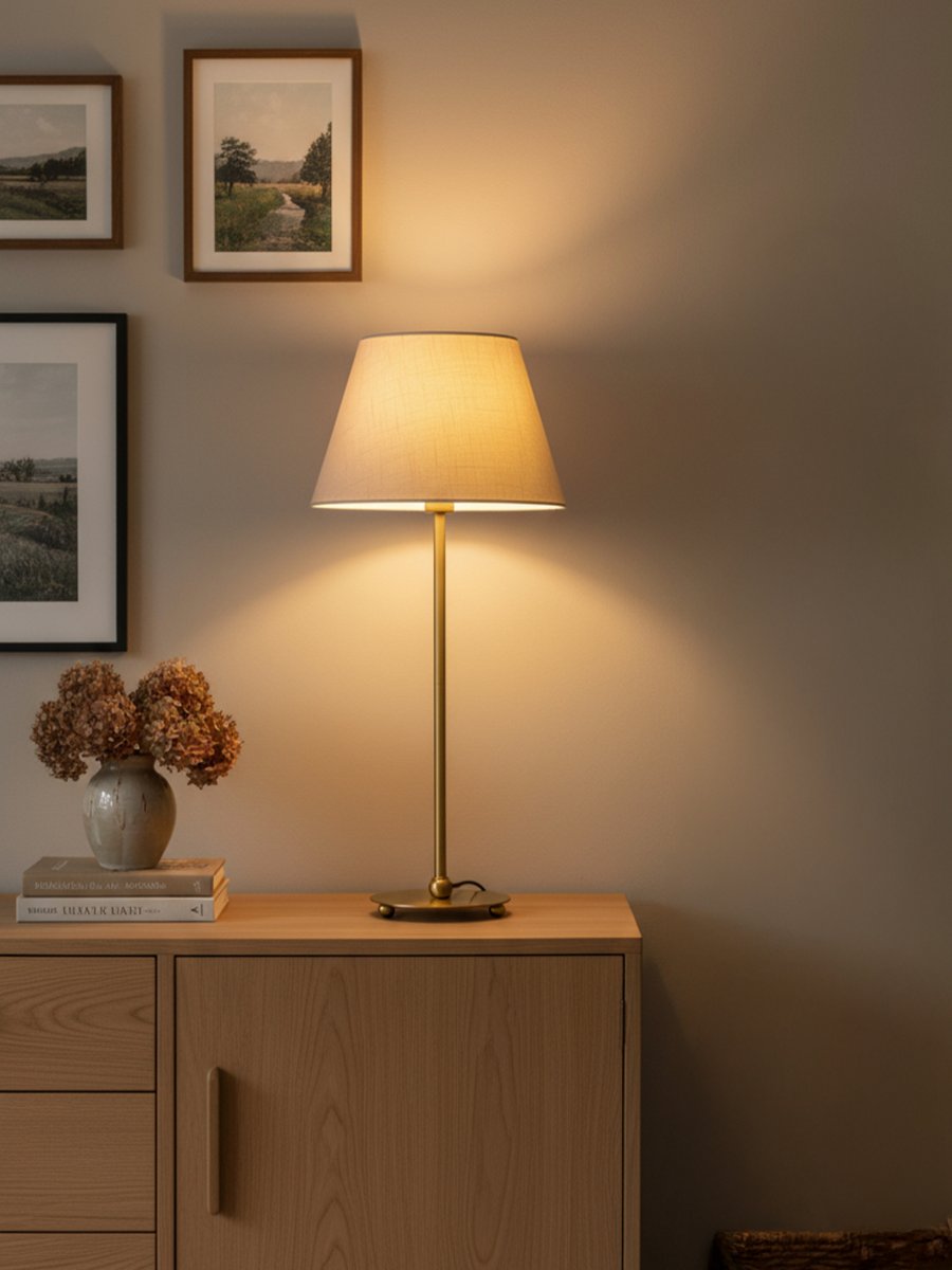 Julie 52cm Messing/hvit bordlampe Fra PR Home - Den har en vakker lampefot i messingfinish kombinert med en hvit, oval lampeskjerm i en klassisk form, noe som gir et tidl&oslash;st og harmonisk uttrykk.