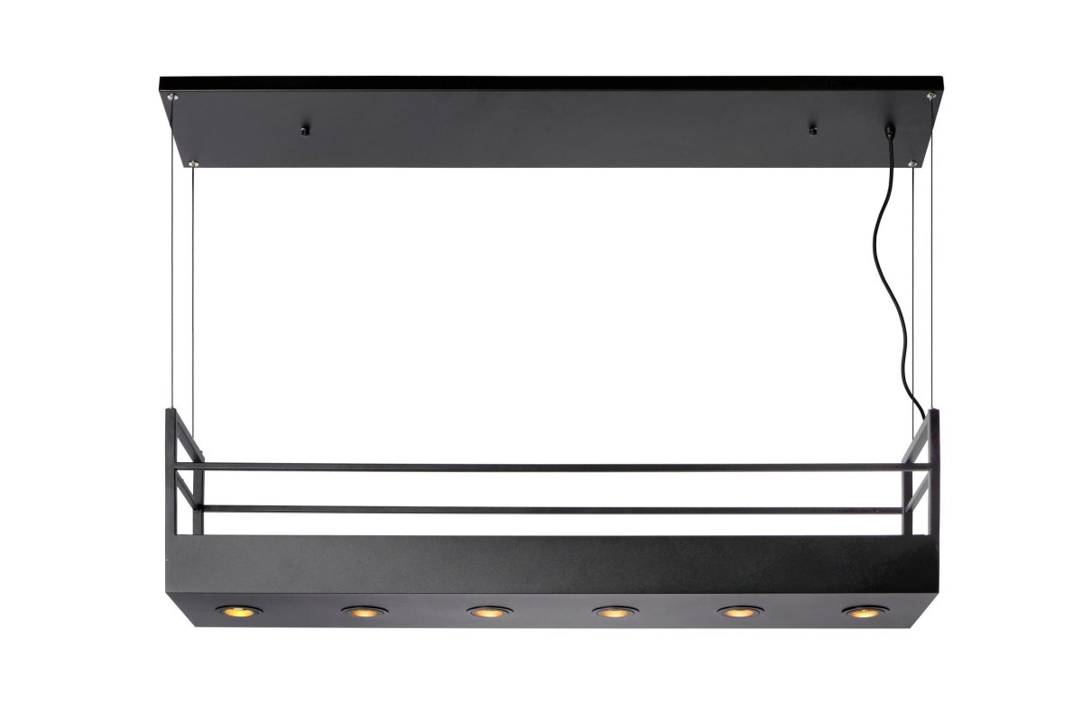 Miravelle 110cm Svart Taklampe Fra Lucide - Den er laget av høykvalitets metall og har seks spotlights og plass over for å plassere glass, pepper- og saltkverner eller vakre planter og urter.