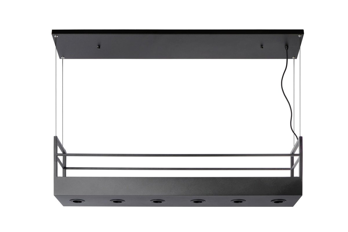 Miravelle 110cm Svart Taklampe Fra Lucide - Den er laget av høykvalitets metall og har seks spotlights og plass over for å plassere glass, pepper- og saltkverner eller vakre planter og urter.