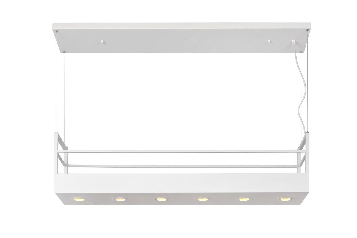 Miravelle 110cm Hvit Taklampe Fra Lucide - Den er laget av høykvalitets metall og har seks spotlights og plass over for å plassere glass, pepper- og saltkverner eller vakre planter og urter.