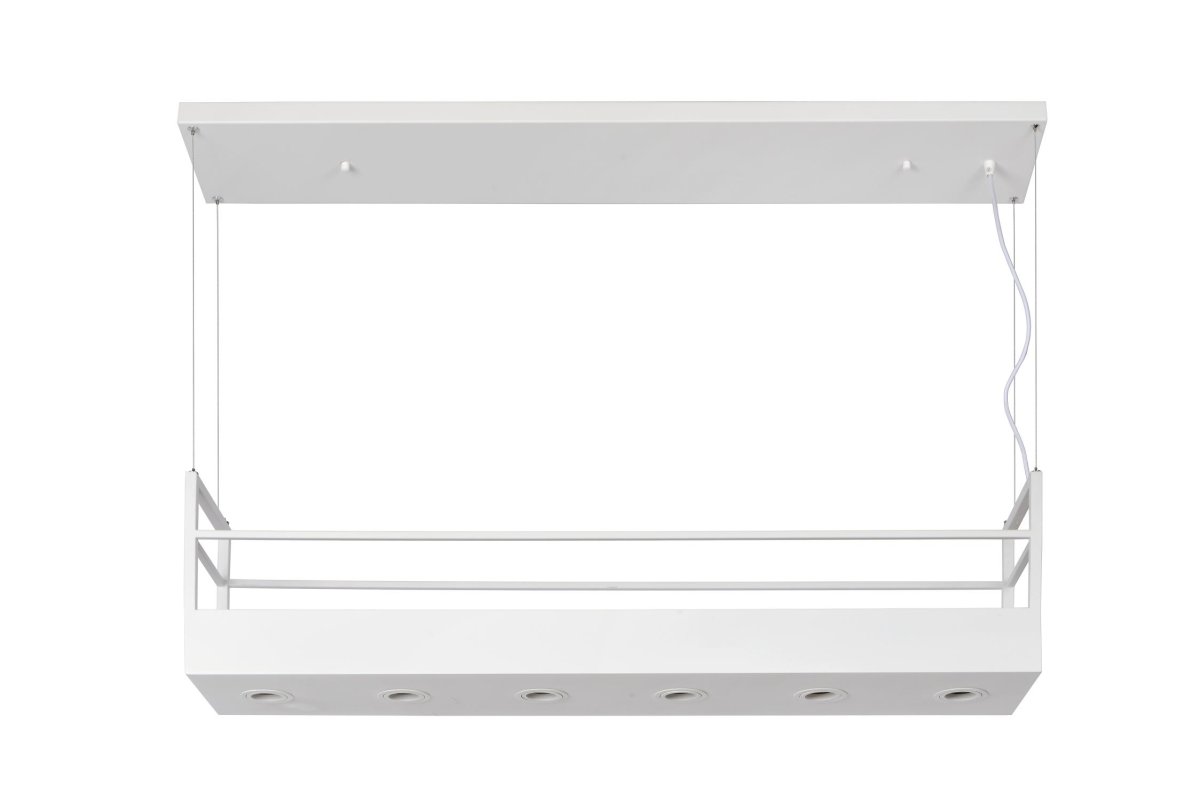 Miravelle 110cm Hvit Taklampe Fra Lucide - Den er laget av høykvalitets metall og har seks spotlights og plass over for å plassere glass, pepper- og saltkverner eller vakre planter og urter.