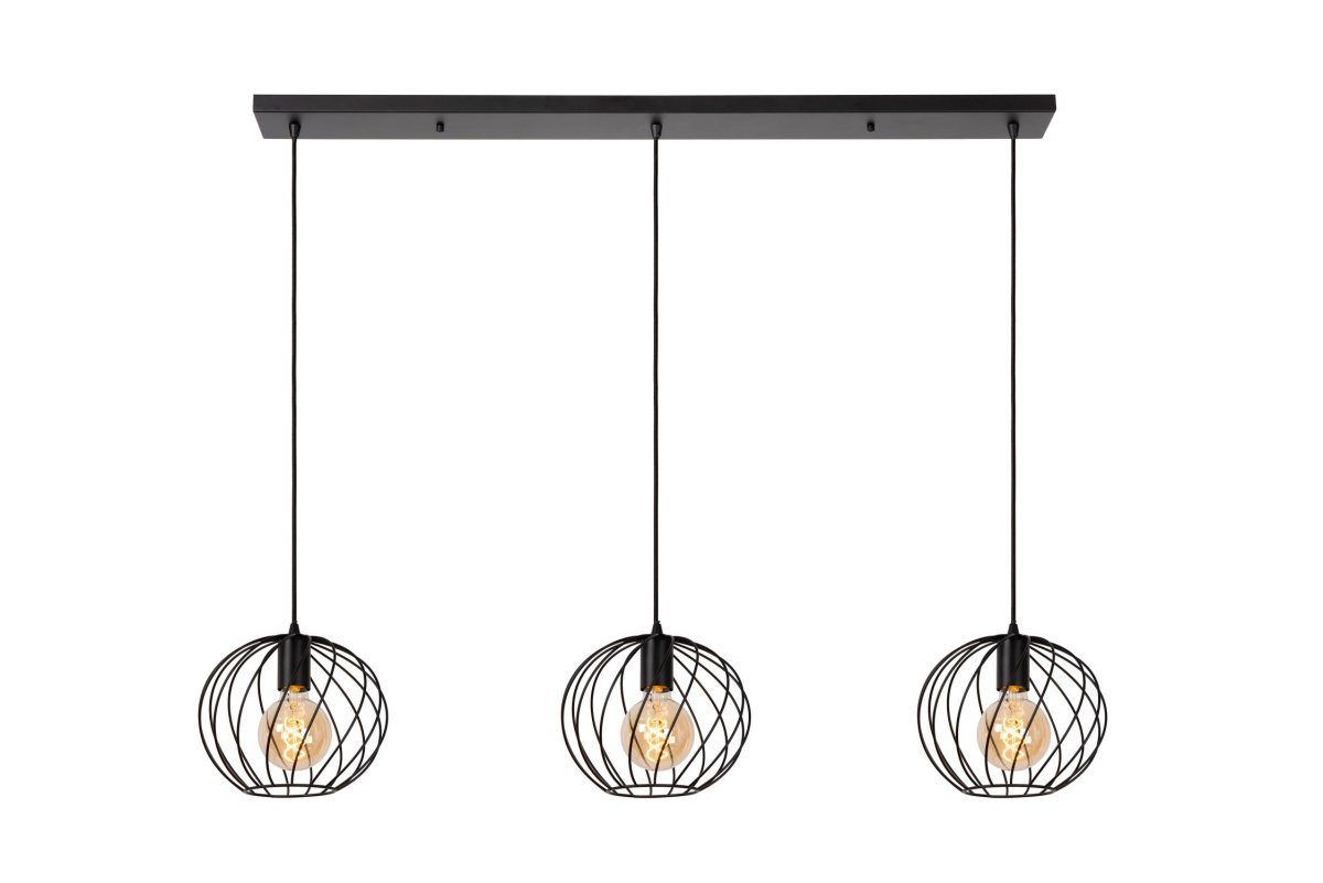 Danza 130cm Svart Taklampe Fra Lucide - Hver sfæriske lampeskjerm er laget av fine, vridd metalltråder med en åpen struktur, som gjør at glødepærer ser ekstra vakre ut i kombinasjon med Danza.