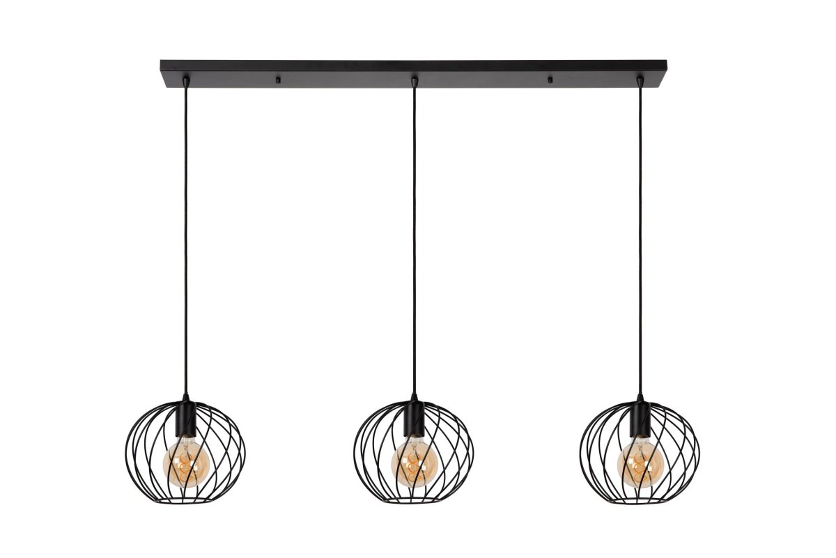 Danza 130cm Svart Taklampe Fra Lucide - Hver sfæriske lampeskjerm er laget av fine, vridd metalltråder med en åpen struktur, som gjør at glødepærer ser ekstra vakre ut i kombinasjon med Danza.