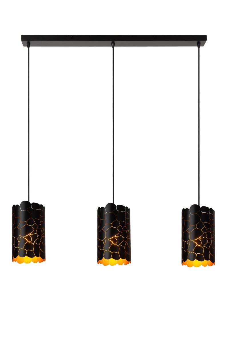 Almelo 92cm Svart Taklampe Fra Lucide - Almelo tilbyr en imponerende pendel med tre lampeskjermer utsmykket med et sjiraffmønster og en elegant, åpen struktur.