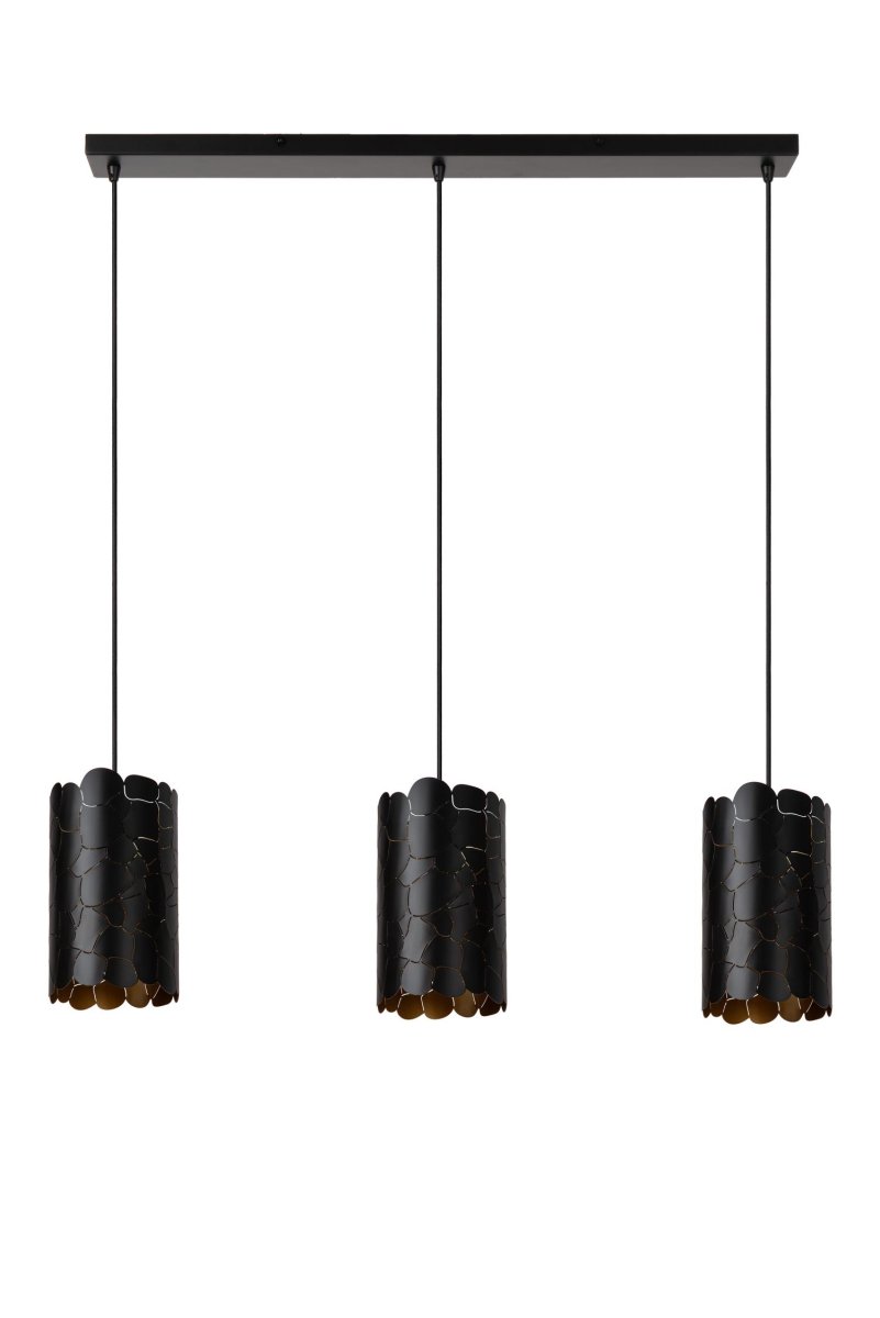 Almelo 92cm Svart Taklampe Fra Lucide - Almelo tilbyr en imponerende pendel med tre lampeskjermer utsmykket med et sjiraffmønster og en elegant, åpen struktur.