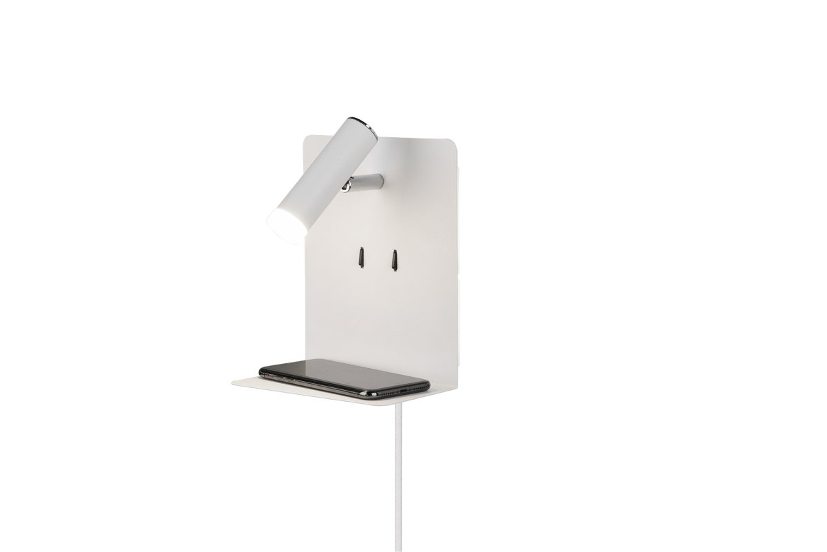 Element Hvit leselampe Fra Trio Lighting - Med hylle og USB-port for lading er den b&aring;de praktisk og funksjonell.
