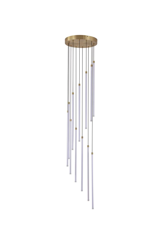 Flare Ø35 Messing Taklampe Fra Searchlight - Tolv slanke hvite stenger med integrert LED-belysning faller i forskjellige lengder fra en metalltaklist med sateng messingfinish, og skaper en imponerende, fosslignende silhuett.