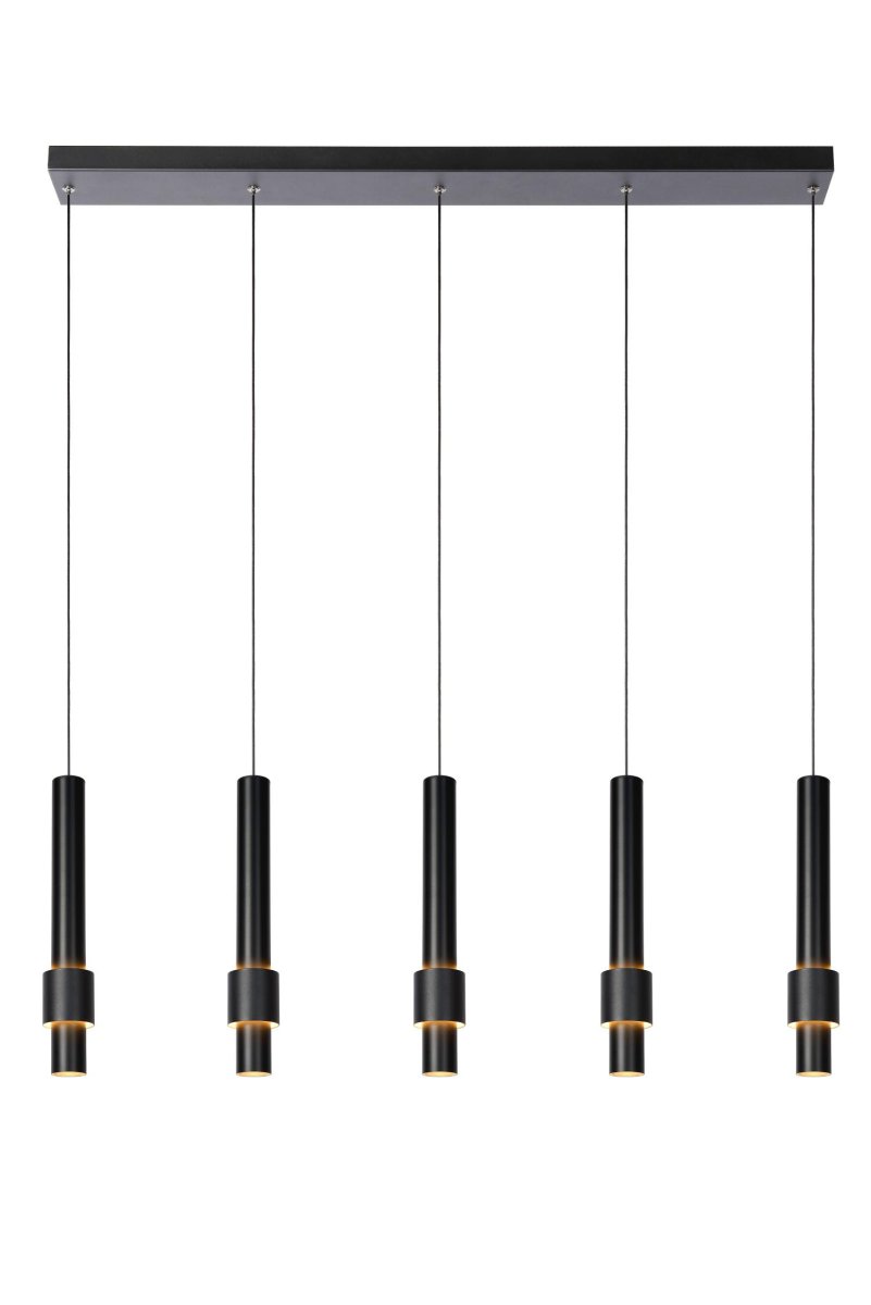 Margary 103cm Svart Taklampe Fra Lucide - Her finner du både en nedovervendt lyskilde i bunnen av sylinderen og en andre integrert LED-lyskilde som vikler seg rundt den elegante stangen, omgitt av en andre sylinder.