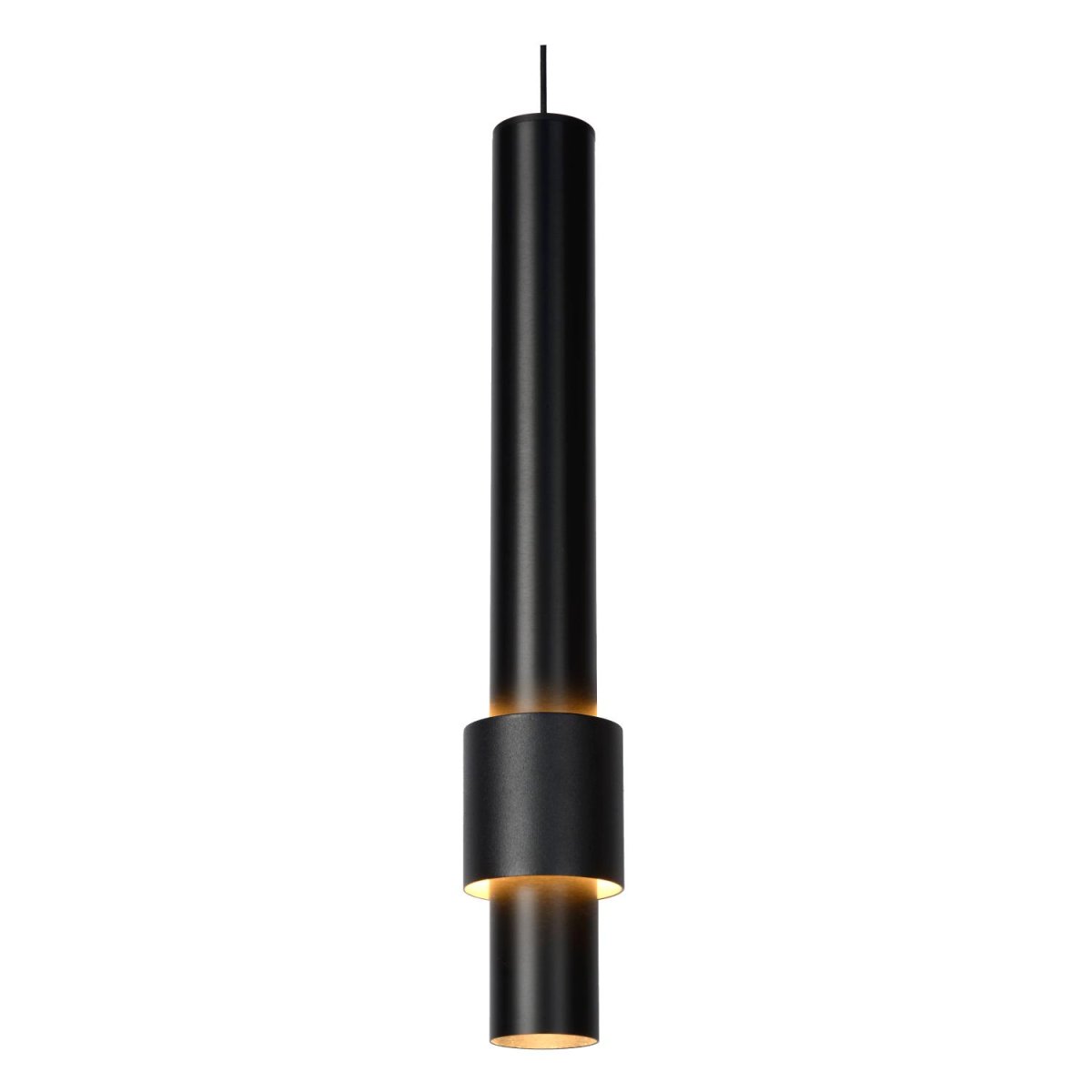 Margary 103cm Svart Taklampe Fra Lucide - Her finner du både en nedovervendt lyskilde i bunnen av sylinderen og en andre integrert LED-lyskilde som vikler seg rundt den elegante stangen, omgitt av en andre sylinder.