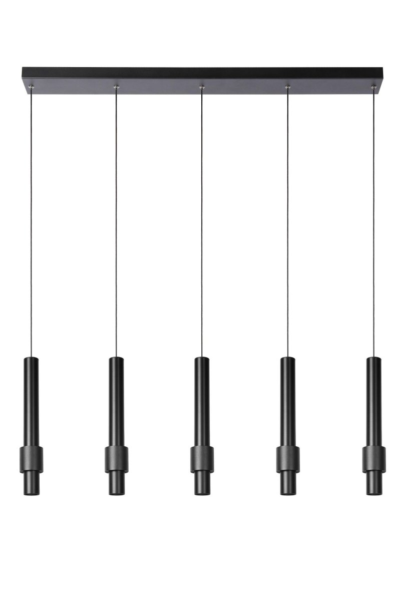 Margary 103cm Svart Taklampe Fra Lucide - Her finner du både en nedovervendt lyskilde i bunnen av sylinderen og en andre integrert LED-lyskilde som vikler seg rundt den elegante stangen, omgitt av en andre sylinder.