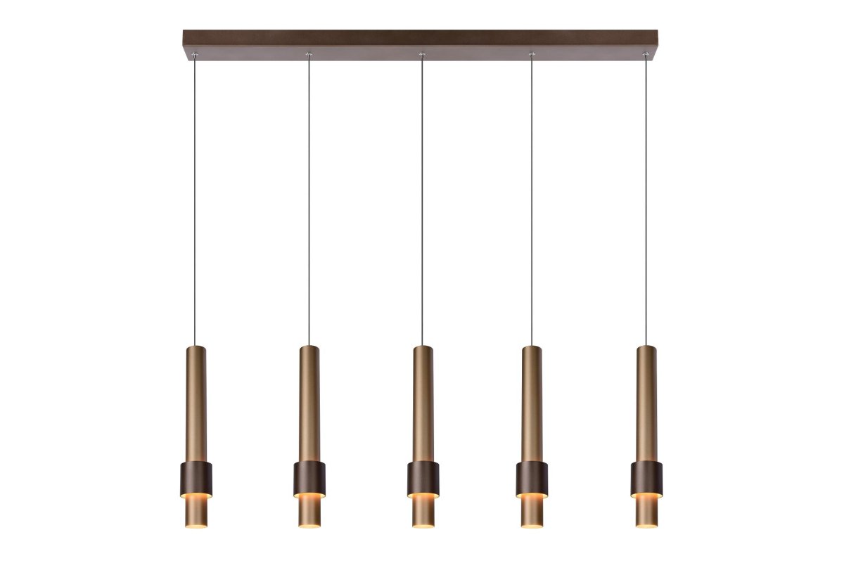 Margary 103cm Kaffe Taklampe Fra Lucide - Her finner du både en nedovervendt lyskilde i bunnen av sylinderen og en andre integrert LED-lyskilde som vikler seg rundt den elegante stangen, omgitt av en andre sylinder.