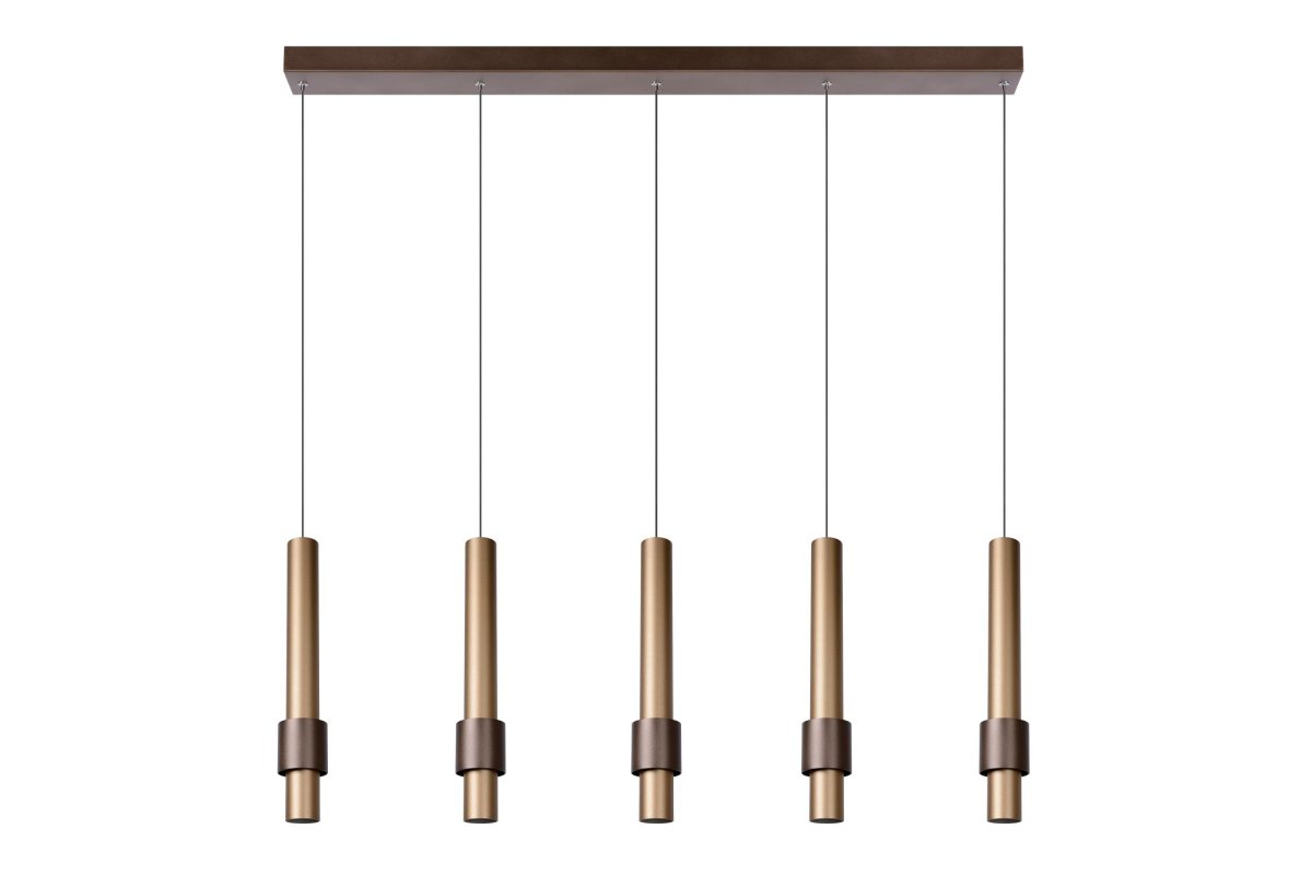 Margary 103cm Kaffe Taklampe Fra Lucide - Her finner du både en nedovervendt lyskilde i bunnen av sylinderen og en andre integrert LED-lyskilde som vikler seg rundt den elegante stangen, omgitt av en andre sylinder.